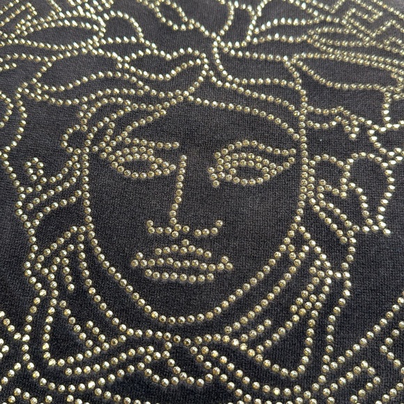 VERSACE GRAY VELVET GOLD STUDDED MEDUSA GREEK KEY ACCENT THROW PILLOW - Picture 3 of 8